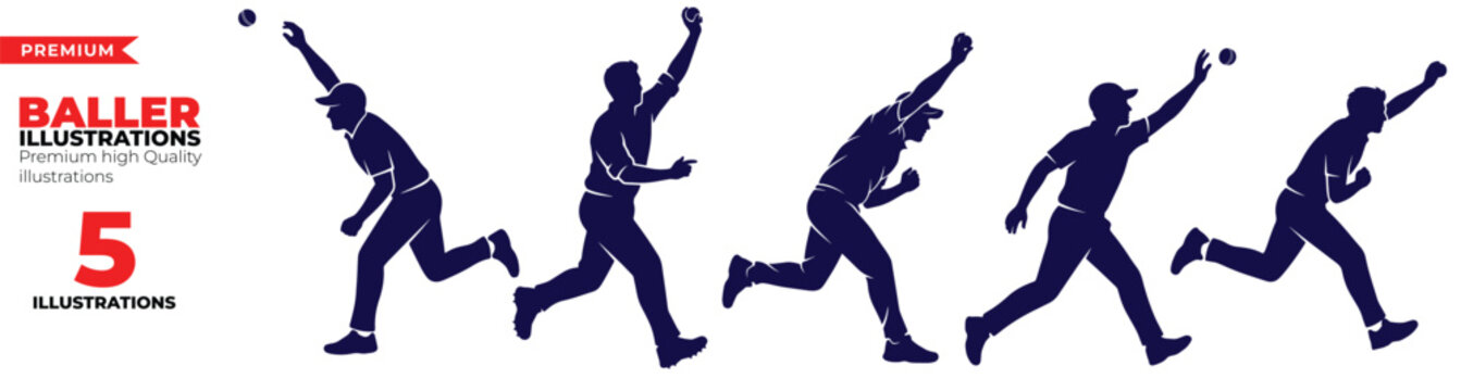 Cricket Bowler Illustration Set Vector Collection for Bowling Action Delivery Run Up and Game Play Concepts