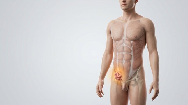 Anatomical visualization of an inguinal hernia in semi transparent man
