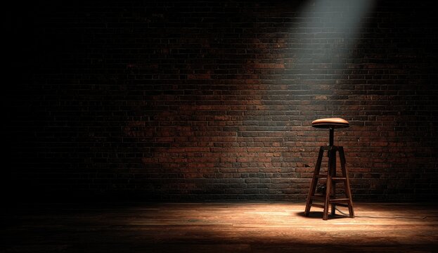 A single stool stands bathed in a dramatic spotlight on a wooden stage