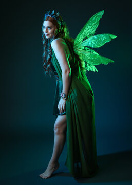 portrait of female model wearing fantasy fairy costume, green dress, cloak, butterfly wings and crown. full length standing pose, isolated on dark studio background.