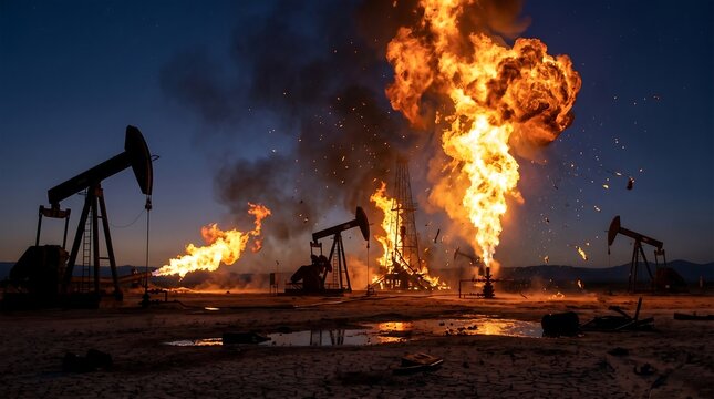 Massive Night Explosion at Oil Field with Burning Pumpjacks
