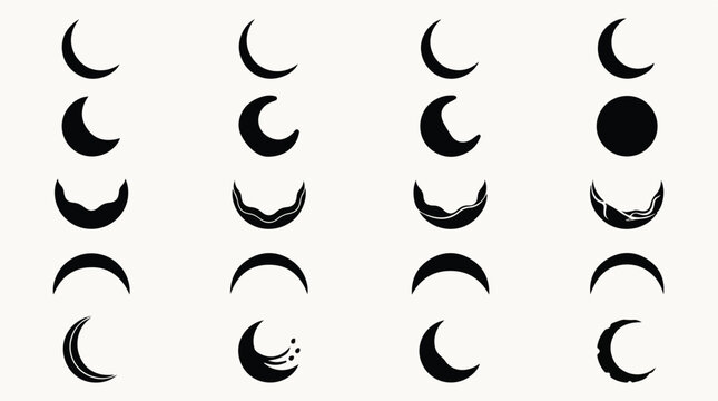 Set of minimalist black line art moon phases illustrations including crescent waxing full and eclipse cycles