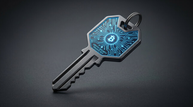 3D digital wallet key with circuit pattern on dark grey crypto security background