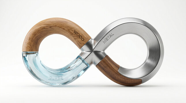 3D circular economy infinity loop in wood metal glass on white background