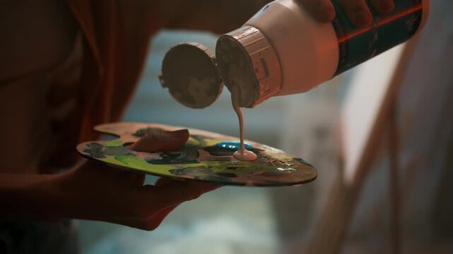 Female Creative Preparing Her Palette With Lively Paint Blobs And Glossy Drips For Art