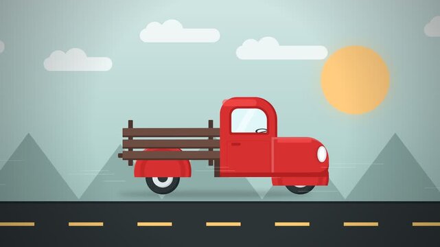 Flat Design Animation of Red Vintage Pickup Truck Driving on Highway with Mountain Landscape Background at Sunset