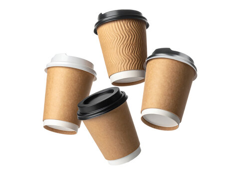 A brown cardboard coffee-to-go cup falling dynamically isolated for graphic designers to create catering advertisements on a transparent background to visualize energy and haste