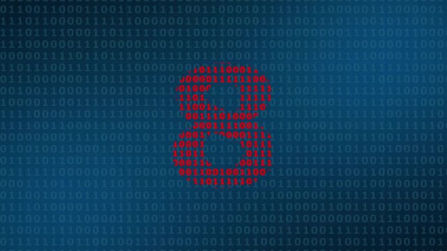 Large red number eight composed of binary code digits zero and one against a dark blue background filled with a pattern of repeating binary data sequences in a grid layout