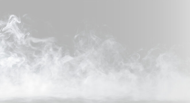 Realistic heavy white smoke clouds set, atmospheric thick fog or steam mist on grey backgrounds