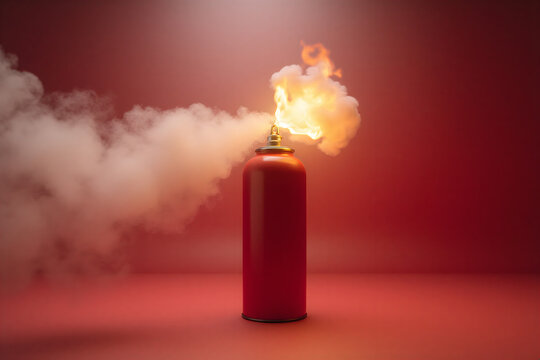 Fire extinguisher with flames and smoke in a dramatic red background