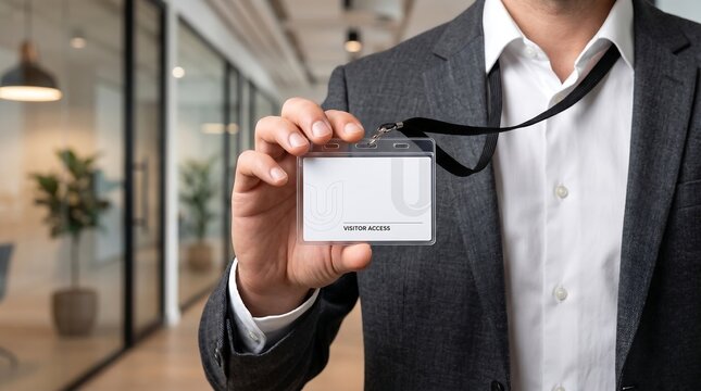 Businessman Showing Visitor Access Identification Card in Modern Office