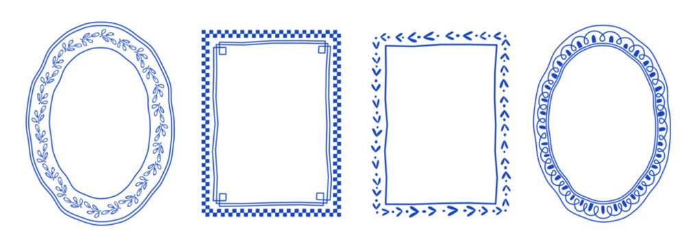Italian frames set for summer poster design. Vector illustration of abstract rectangular and oval blue doodle ornaments for invitation cards and banners, floral and geometric squiggle decoration
