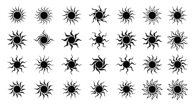 Collection of black silhouette sun icons with varied ray designs and radiant starburst patterns