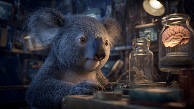 A koala dressed in a lab coat or hoodie is depicted in a high-tech, darkly lit laboratory, with its cranium exposed and intricate neural connections visualized by glowing wires, suggesting an advanced
