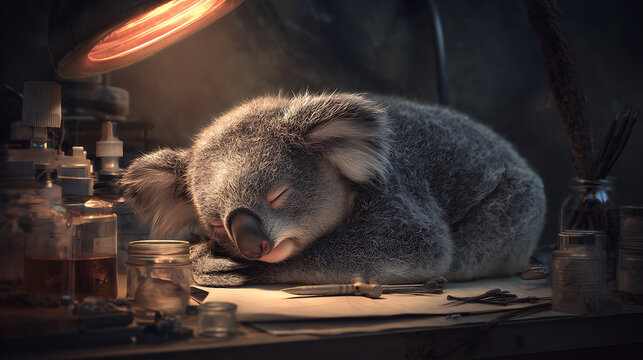 A peaceful koala is seen curled up fast asleep on a sleek, blue laboratory surface, illuminated by a cool, subdued light, implying a period of rest or recovery in a controlled scientific or medical en