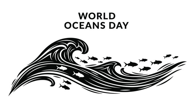 World oceans day vector graphic illustration featuring stylized waves and swimming fish silhouettes.