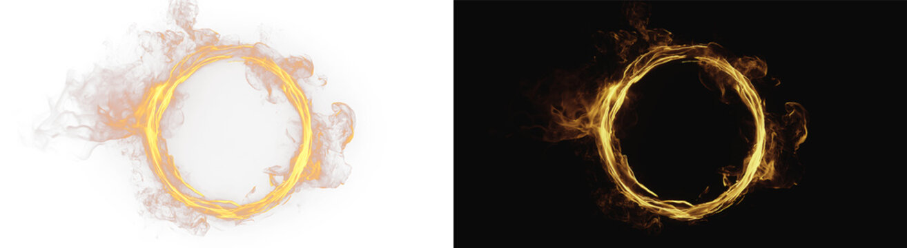 Magic glowing fire ring set, realistic burning flame circle with sparks and heat haze effect on contrast backgrounds