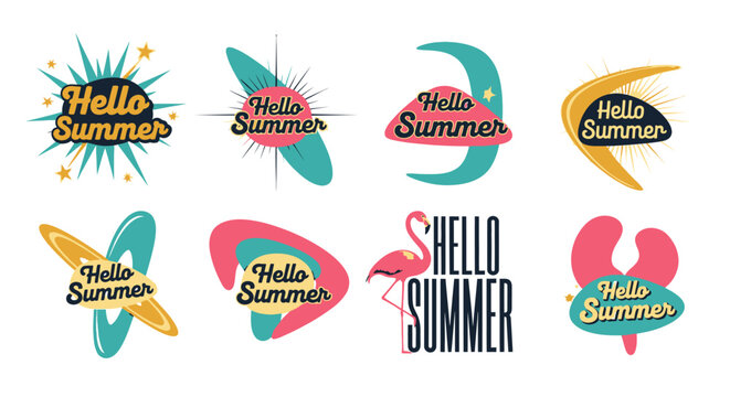 Retro atomic style hello summer badge and logo collection