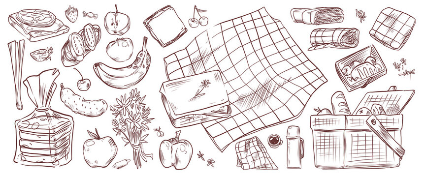 Sketch set of summer park breakfast, picnic basket and food on white background. Vector illustration of checkered blanket, bread and flowers, fruits and sandwiches, party invitation design