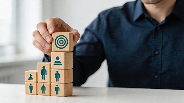 Business man building tower with blocks target symbol people icons teamwork strategy management concept leadership goal setting corporate planning team building exercise stacking