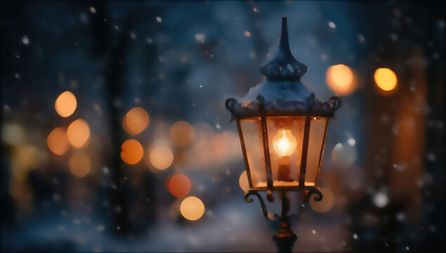 Illuminated antique lamp post glows warmly amidst a gentle winter snowfall