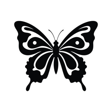 Decorative black butterfly silhouette with bold eye-like wing patterns isolated on white background elegant vector design