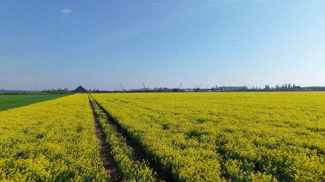 FPV drone aerial view of a fast low pass over blooming yellow rapeseed fields in rural Yorkshire