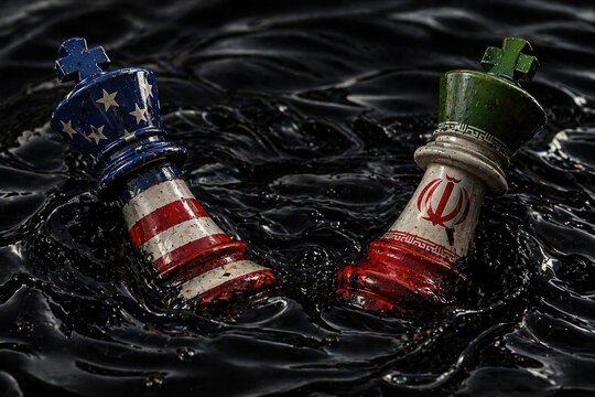 US Iran Oil Conflict Stalemate Concept Chess Pieces Submerged in Black Oil