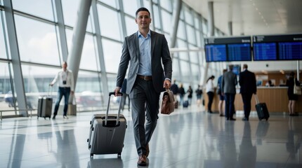 Fototapeta premium A businessman in formal attire walks through an airport terminal, carrying luggage, with flight information displays in the background.