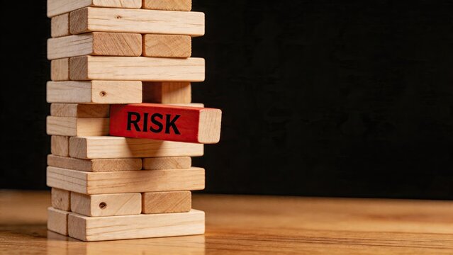 Business risk management concept wooden tower jenga game with red block labeled risk corporate strategy