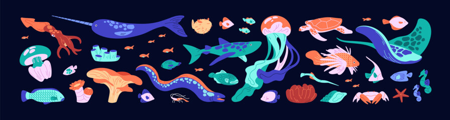 Colourful sea life set. Ocean animals- different fish, shark, turtle, ray, jellyfish, squid, narwhal. Abstract undersea nature. Underwater algae. Coral reef fauna. Flat isolated vector illustrations © Paper Trident