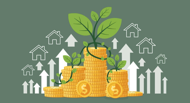 Illustration of money stacks with growing plants, houses, and upward arrows symbolizing financial growth and real estate investment.