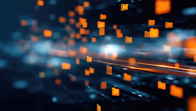Digital data streams of orange folder icons flow into digital abyss