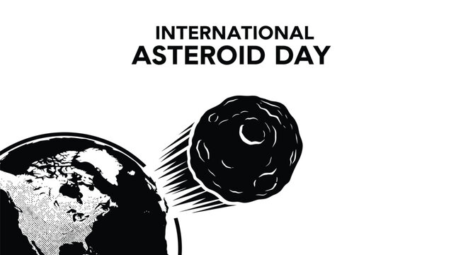 Minimalist vector illustration depicting a large asteroid moving rapidly towards planet earth for international asteroid day