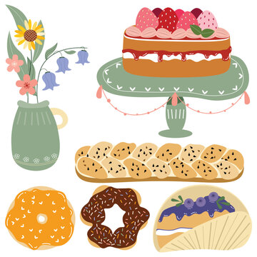 Sweet bakery collection featuring strawberry cake on a stand, braided bread, donuts, and a flower vase. These would be perfect for caf&eacute; menus, birthday cards, or lifestyle blog headers.