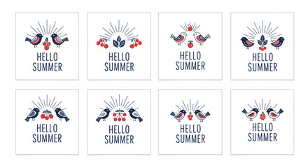 Fototapeta premium Set of folk art bird and berry hello summer illustrations
