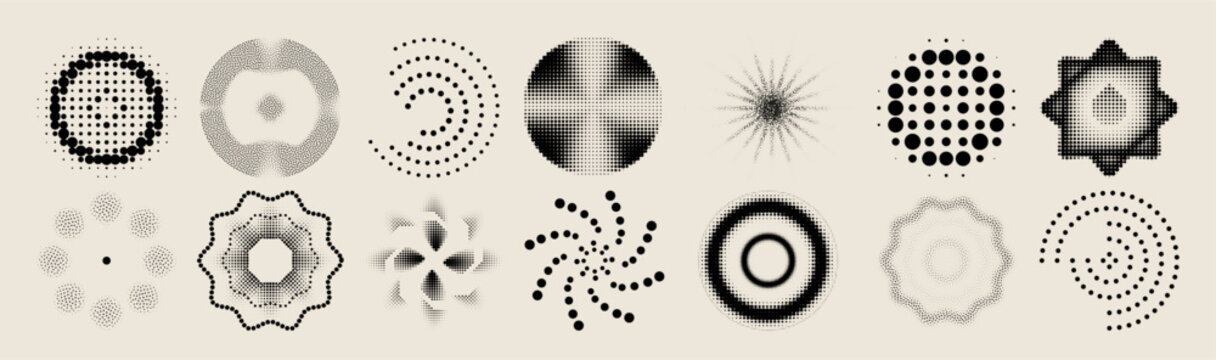 Abstract circular pattern with radial halftone dots and dynamic swirl effect, vector icons isolated on background. Modern geometric gradient design, graphic elements with spiral shape, pulse texture