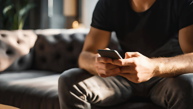 Close-up of person's hands holding a smartphone, sitting on a couch