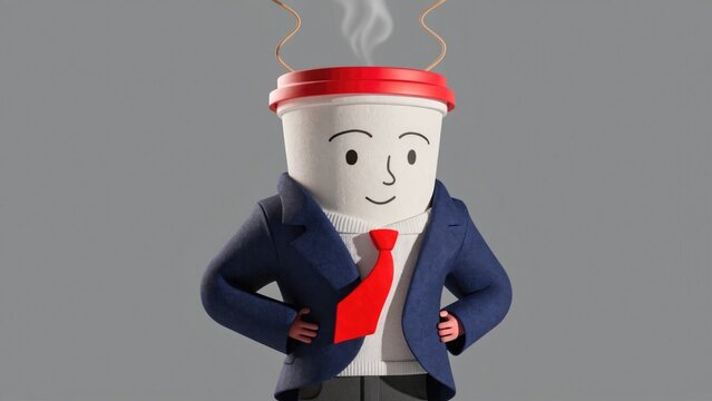 Animated coffee cup character in a suit, ready for business with a smile
