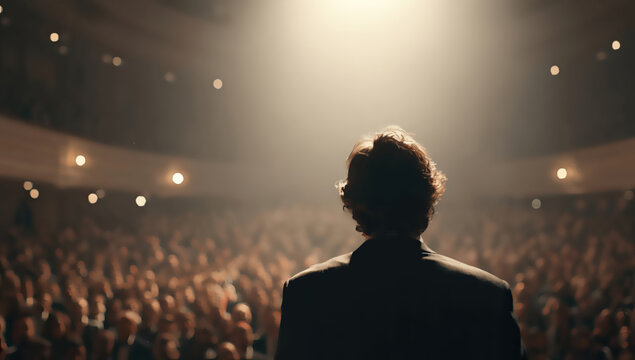 Person stands on stage bathed in spotlight before a hushed, attentive audience