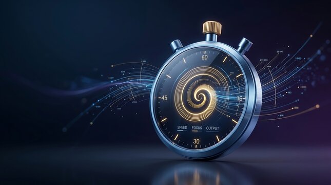 Stopwatch featuring a central golden spiral symbolizes the intricate measurement of time and the complex flow of data efficiency within a modern fast-paced professional working environment.