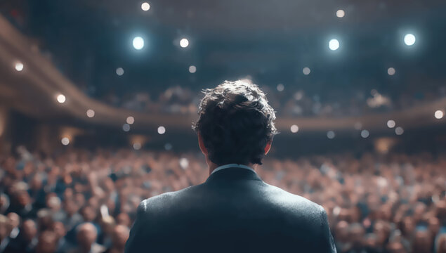 Back of man in suit on stage facing large, dimly lit audience, spotlighted