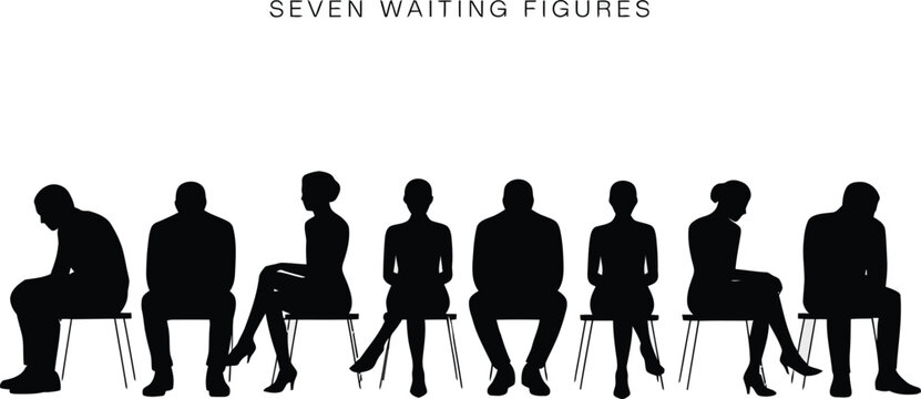 Diverse group of seven individuals silhouetted while sitting on chairs waiting patiently in a line