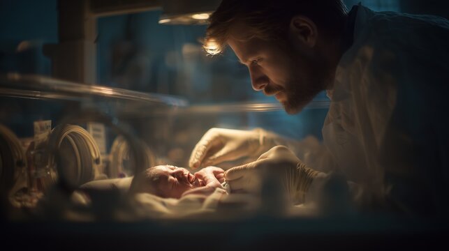 A neonatologist carefully examining a newborn with Cornelia de Lange Syndrome in a NICU unit, gentle gloved hands, soft warm incubator light, emotional and tender atmosphere