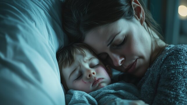 An exhausted yet deeply loving mother holding her sleeping child with Cornelia de Lange Syndrome in a quiet hospital room at night, moonlight through window