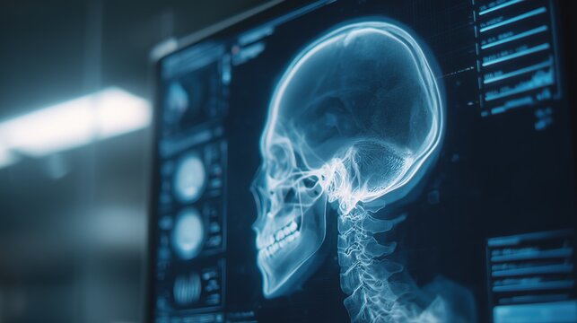 A modern medical monitor displaying a child X-ray scan with subtle features of Cornelia de Lange Syndrome, clean UI elements, dark room, glowing blue tones