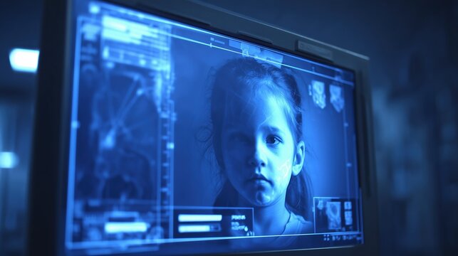 A modern medical monitor displaying a child X-ray scan with subtle features of Cornelia de Lange Syndrome, clean UI elements, dark room, glowing blue tones