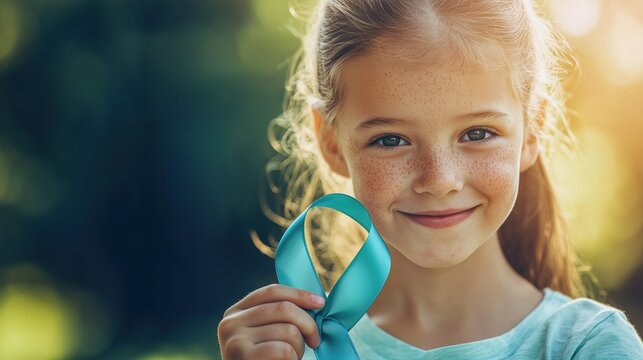 Close-up portrait of a smiling child with Cornelia de Lange Syndrome holding a teal awareness ribbon, outdoor park setting with soft blurred greenery