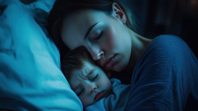 An exhausted yet deeply loving mother holding her sleeping child with Cornelia de Lange Syndrome in a quiet hospital room at night, moonlight through window