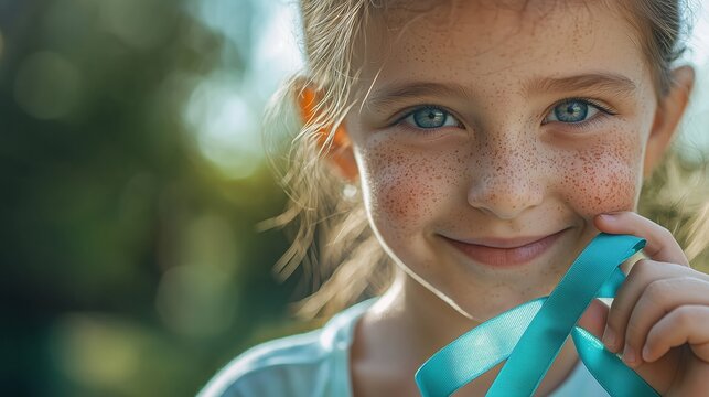 Close-up portrait of a smiling child with Cornelia de Lange Syndrome holding a teal awareness ribbon, outdoor park setting with soft blurred greenery